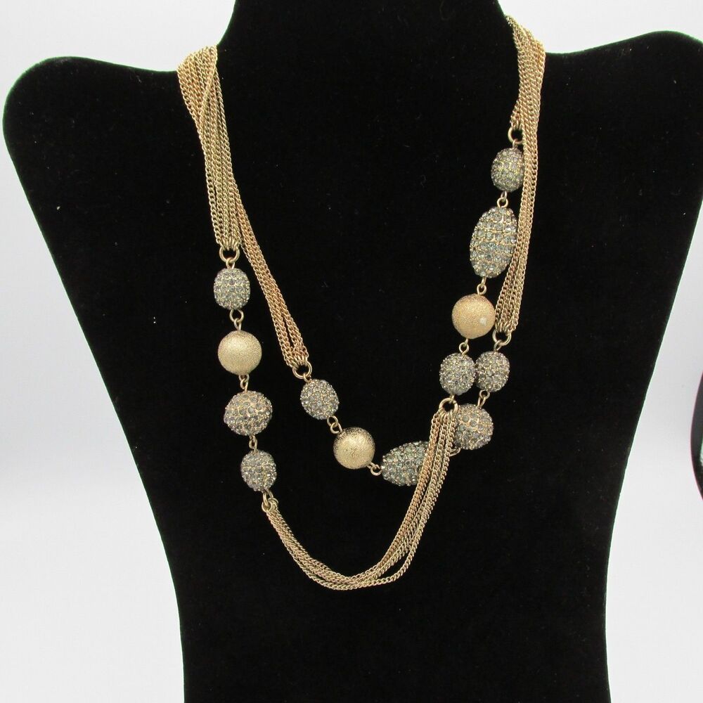 Chico's Goldtone Station Beaded Rhinestone Statement Necklace Multi-strand 36 in